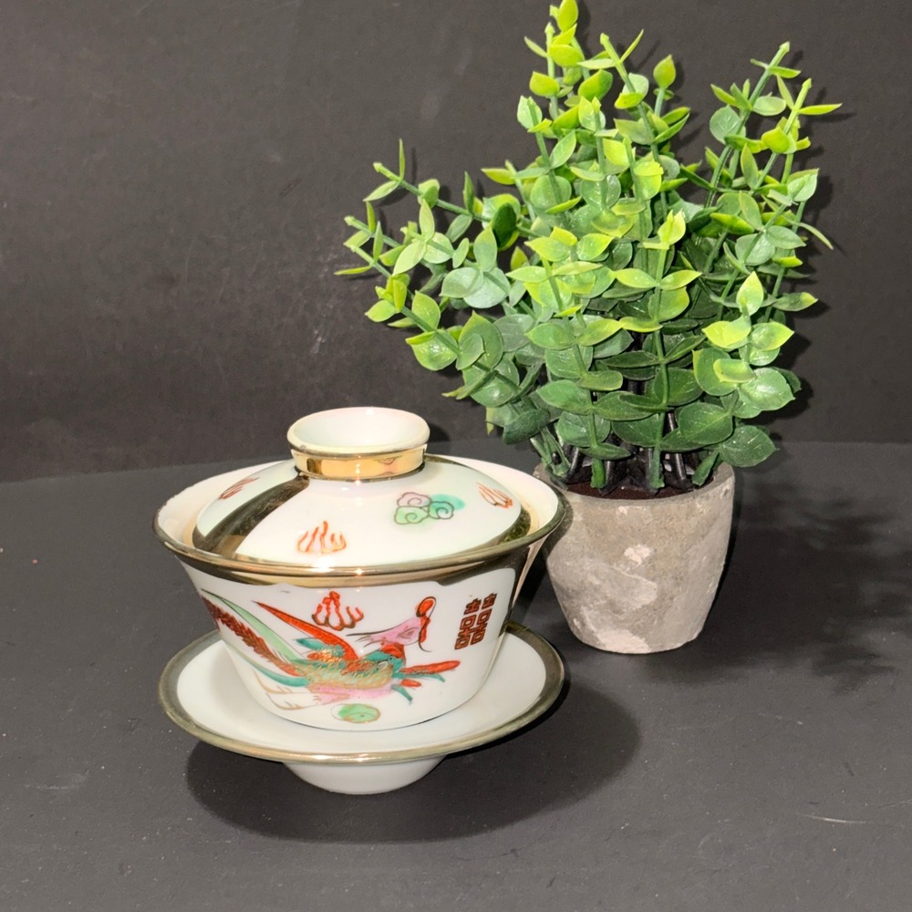Vtg Chinese Dragon Phoenix Porcelain Gaiwan Tea Set Red Gold Trim 3pc Set